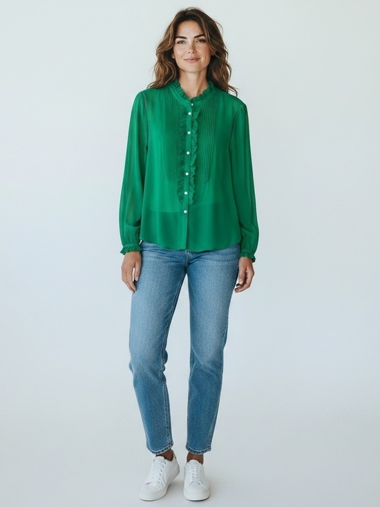 J. Crew Tops - ​J.Crew Green Womens M Long Sleeve Ruffle Button Down Blouse Top Pleated
